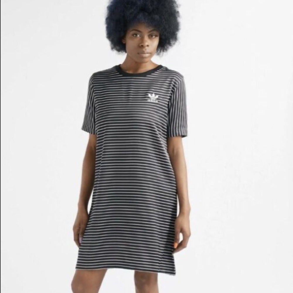Adidas Trefoil Originals Satin Black White Striped Tee Dress